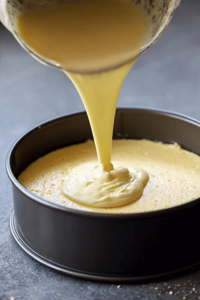 Keto Cheesecake Recipe: 3 Amazing Low-Carb Steps 11 Creamy cheesecake batter being poured into a springform pan