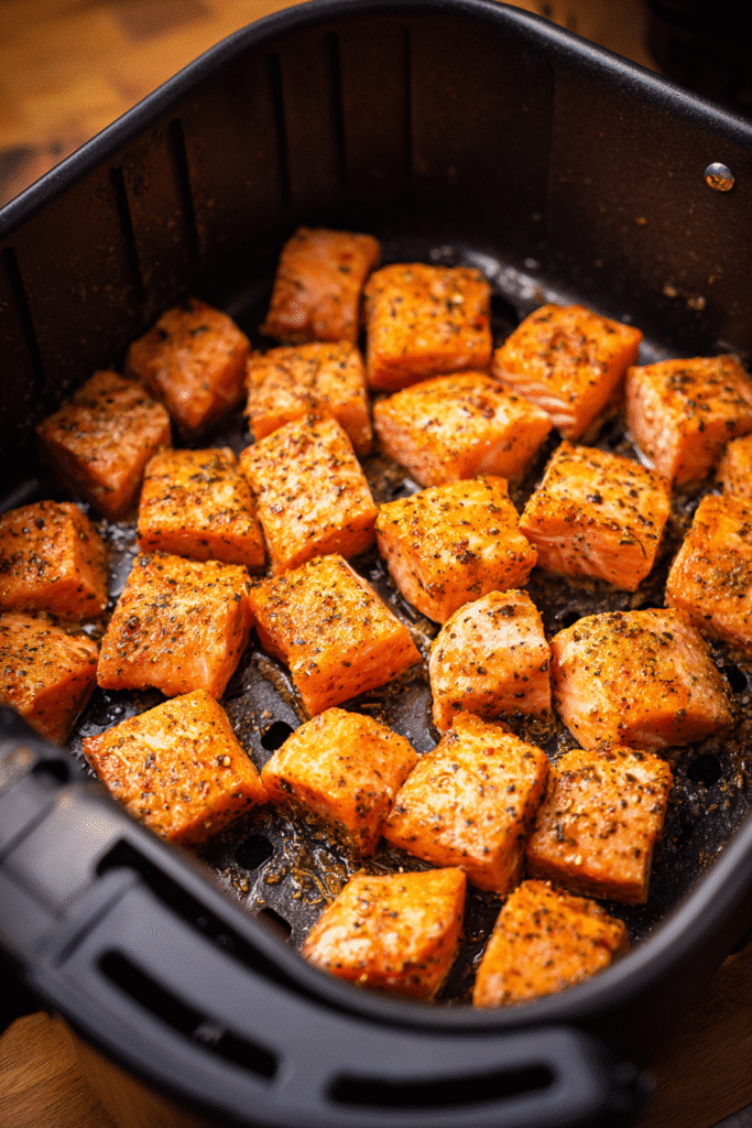 5-Minute Air Fryer Salmon Bites Meal Prep – Best Protein Trick 8 cooking salmon cubes in air fryer