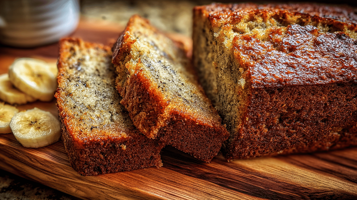 High protein banana bread sliced on cutting board