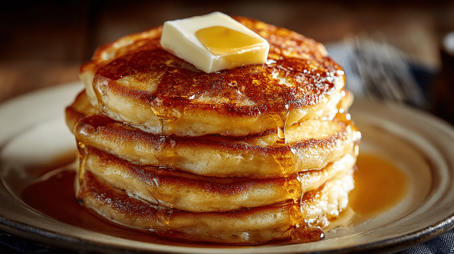Fluffy keto pancake recipe stack with butter and syrup
