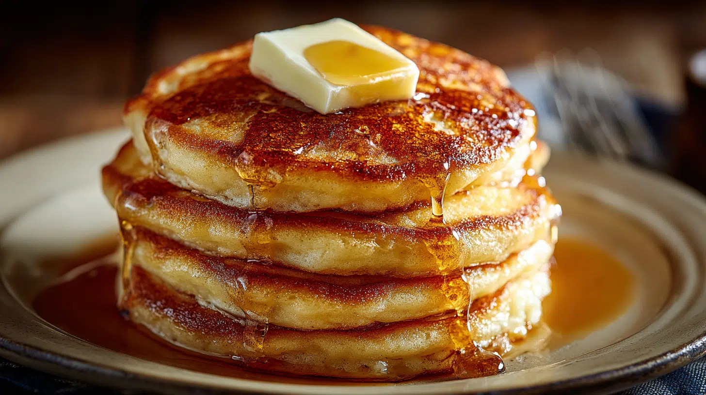 Fluffy keto pancake recipe stack with butter and syrup