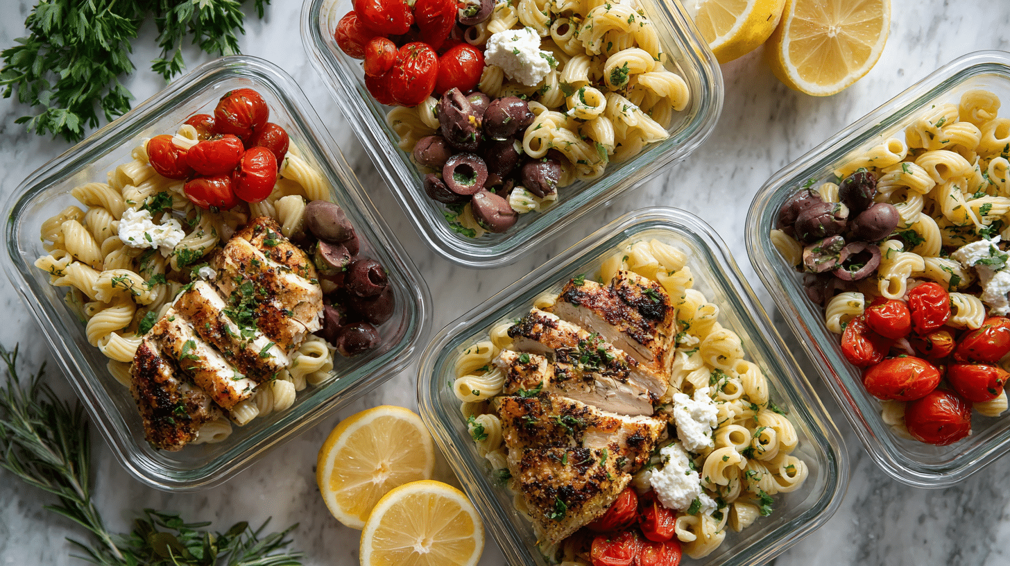 Mediterranean 3‑Step Pasta Meal Prep containers with fresh ingredients