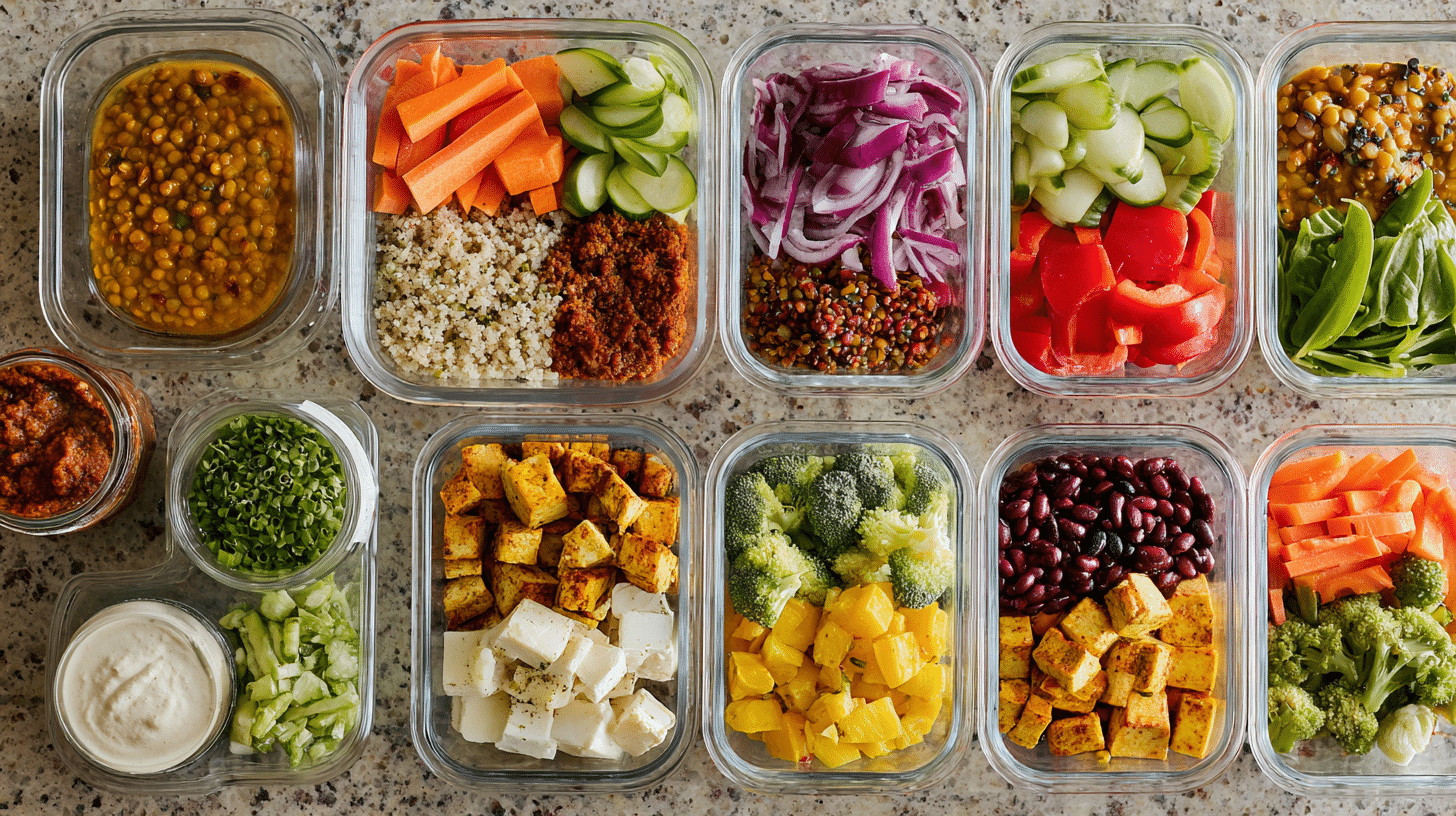 Vegan meal prep ideas on counter with colorful dishes