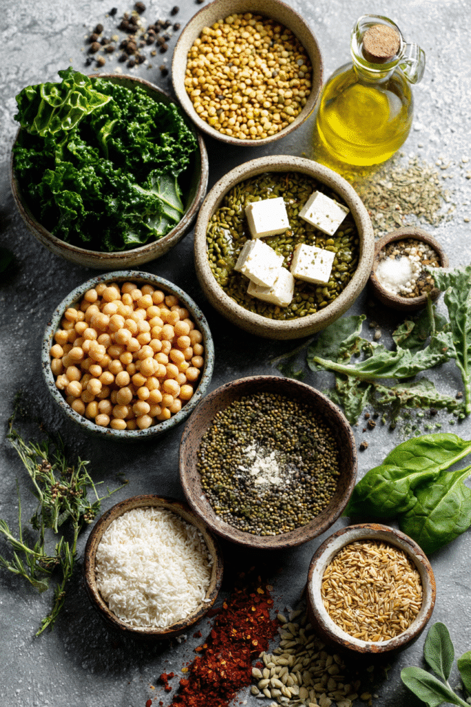 Vegan Meal Prep Ideas: 7-Day Plan for Simple, Healthy Eating 7 Vegan meal prep ingredients flat lay