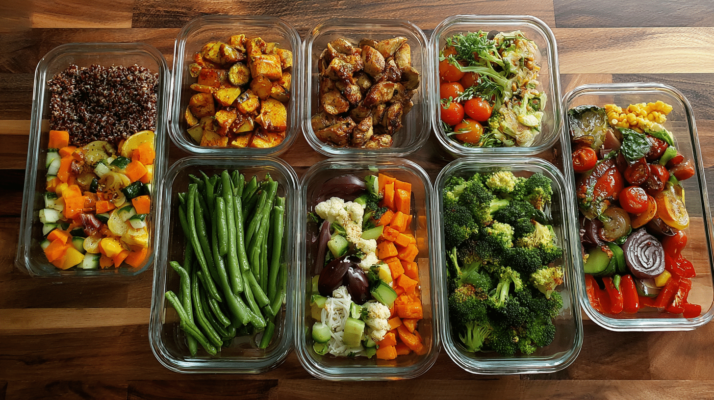 Vegetarian meal prep recipes with jars and bowls